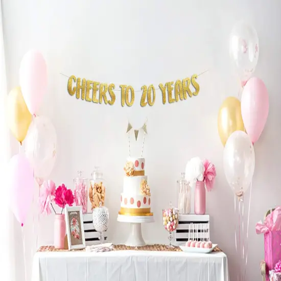 Cheers to 20 Years Gold Glitter Banner - 20th Anniversary and Birthday Party Decorations {2}