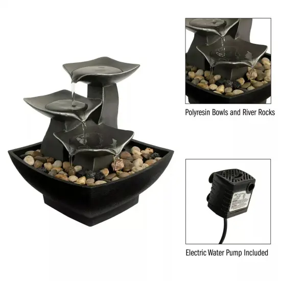 Tabletop Water Fountain Raku Bowls Waterfall Effect River Rocks Soothing Sound {3}