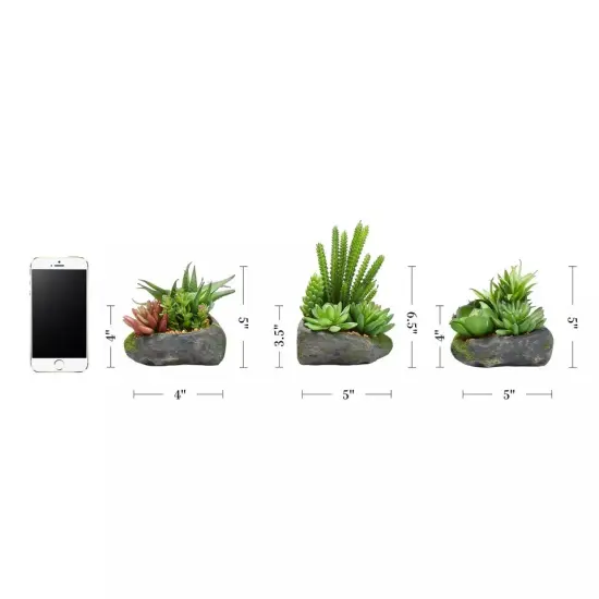 Artificial Succulent Plants in Faux Stone Pots, 3 Piece Set Lifelike Greenery {3}