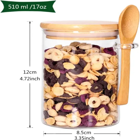 Glass Jars with Bamboo Lids and Wooden Spoons Set of 4, Coffee Tea Sugar Container Set for Loose Tea Canister Storage, Overnight Oats Containers with Scoop for Seasoning, Coffee, Yogurt {1}