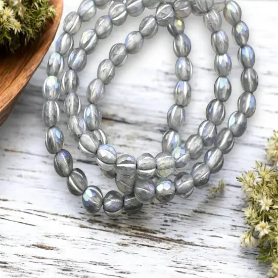 *25* 6mm Silver Washed Matte Grey AB Faceted Round Melon Beads {3}