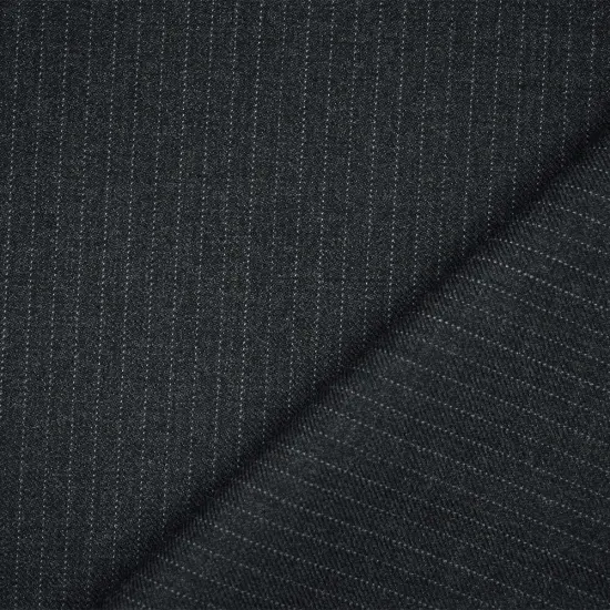 Black-Deep Gray Polyester Wool Pinstripe Twill Suiting Woven Fabric By the Yard {1}