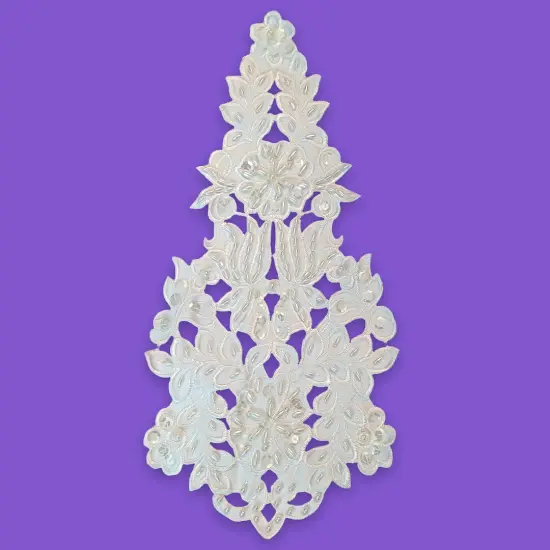 Beaded Lace Medallion Applique with Pearls & Sequins on Satin 13.75" x 6.5" Off White {1}