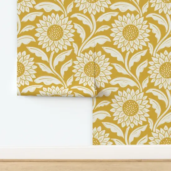 Pre-Pasted Wallpaper 2FT Wide Jumbo Floral Yellow Sunflowers Summer Botanical Stamped Lino Cut Custom Pre-pasted Wallpaper by Spoonflower {2}