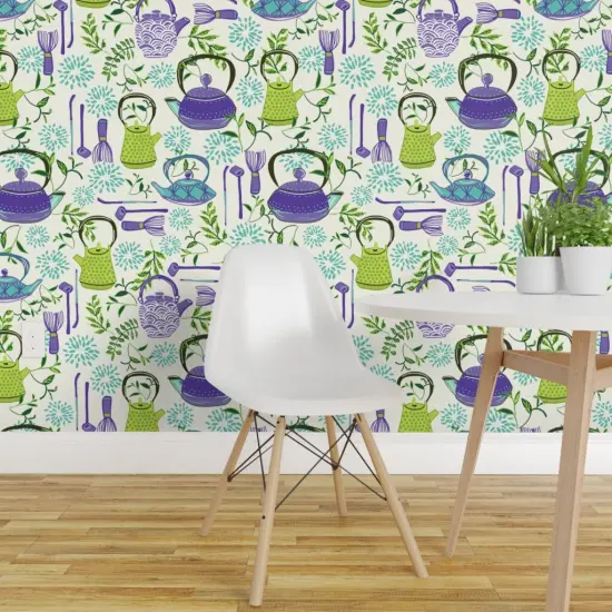 Pre-Pasted Wallpaper 2FT Wide Traditional Tea Time Matcha Japanese Ceremony Lilac Floral Botanical Green Teapots Leaves Whisk Purple Bohemian Custom Pre-pasted Wallpaper by Spoonflower {1}