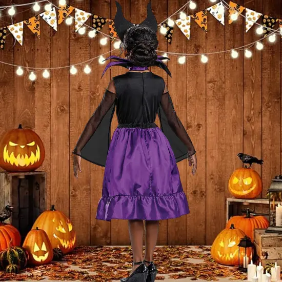 Kids Maleficent Costume Disney Villain Purple Black Dress with Horn Headband {4}