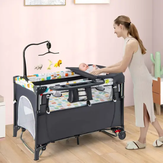 Honeyjoy 5-in-1 Baby Crib with Adjustable Height Soft Mattress Portable Pack Play with Music Black/Grey {4}