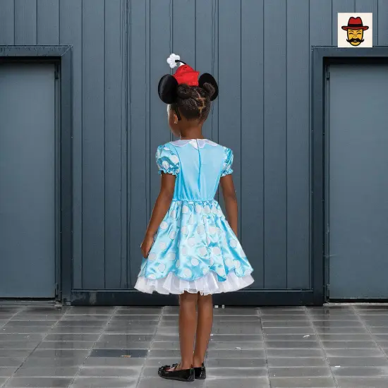 Kids Vintage Minnie Mouse Costume Blue Polka Dot Dress Red Hat Headband {4}