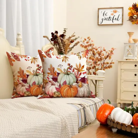 Set of 2 - Fall Pillow Covers 20x20 Inch,Autumn Pumpkin Maple Leaves {2}
