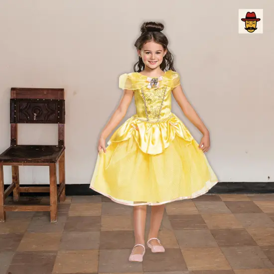 Kids Classic Belle Princess Costume Yellow Dress with Cameo and Gold Trim {1}