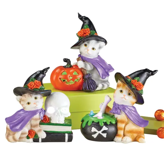 Collections Etc 3-Piece LED Lighted Hand-Painted Witch Cat Halloween Sitters {2}