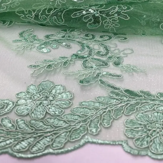 1 Yard Mint Green Corded Sequin Lace Mesh Fabric with Double Scalloped Edge 54&rdquo; Wide {3}