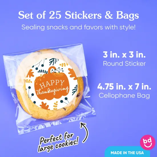 Big Dot of Happiness Happy Thanksgiving Stickers and Clear Cookie Bags, Cellophane Treat Bags 4.25x7 Inches, Gifts Candy or Baked Goods - 25 Count {5}