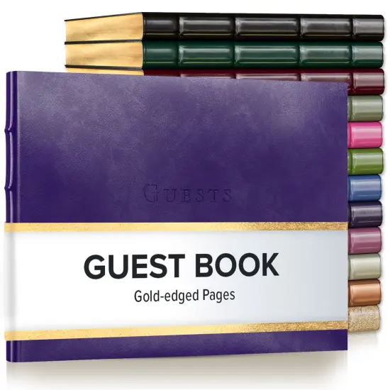 Gallery Leather Guest Book Special Events, add Photos, 192 Lined Pages, Bonded Leather, Hardcover, Gold-Gilded, Guestbook Acadia Plum {1}