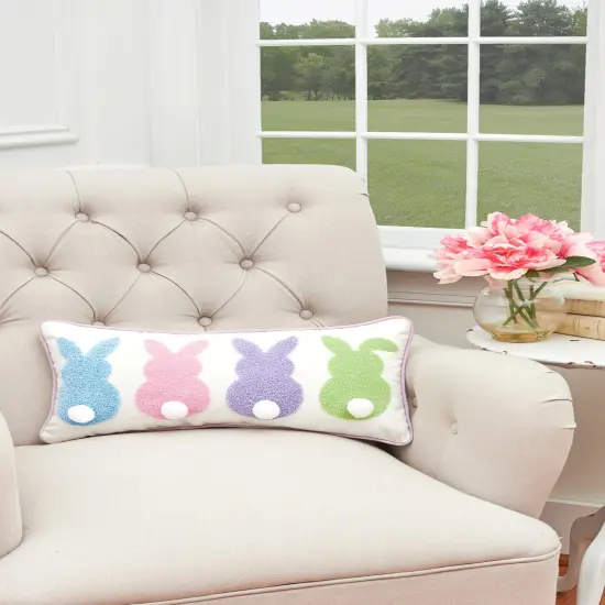 Easter Bunnies with Tufted 3D Bunny Rabbit Tail Spring Themed Small/Petite Accent Pillow, 10" x 20" {5}