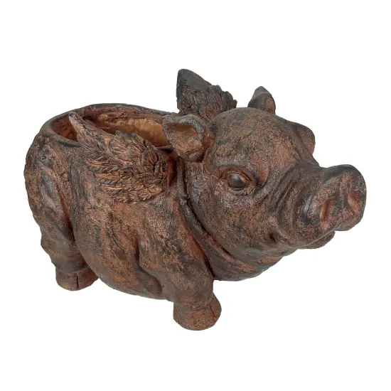 Flying Pig Planter 17" Brown, With Drain Hole, Rustic Indoor Outdoor Decor {1}