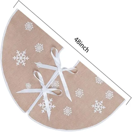48 In Christmas Tree Skirt Countryside Burlap Tree Skirt White Snowflake Printed Xmas New Year Holiday Decorations Indoor Outdoor {5}