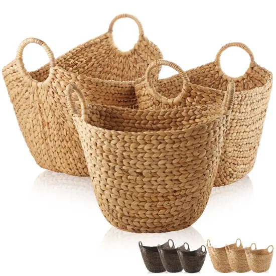 Casafield Set of 3 Multipurpose Boat Baskets with Handles, Woven Water Hyacinth Storage Organizers for Throw Blankets, Bedroom, Living Room, Laundry {7}