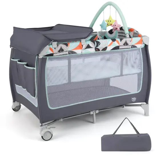 Babyjoy 3 in 1 Baby Playard Portable Infant Nursery Center w/ Zippered Door Pink/Grey/Pink & White/Green {9}