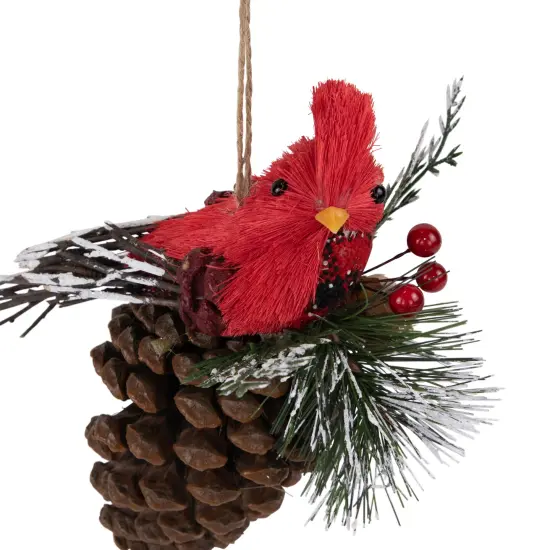 Northlight Woodland Cardinal Bird Perched on a Pinecone Frosted Christmas Ornament - 6.75" Red {6}