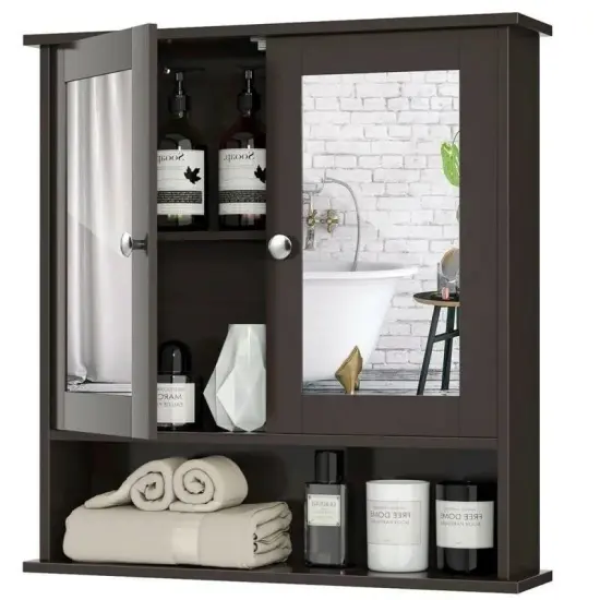 Wall Mounted MDF Bathroom Storage Cabinet with Mirrored Doors and Adjustable Shelves Grey {6}