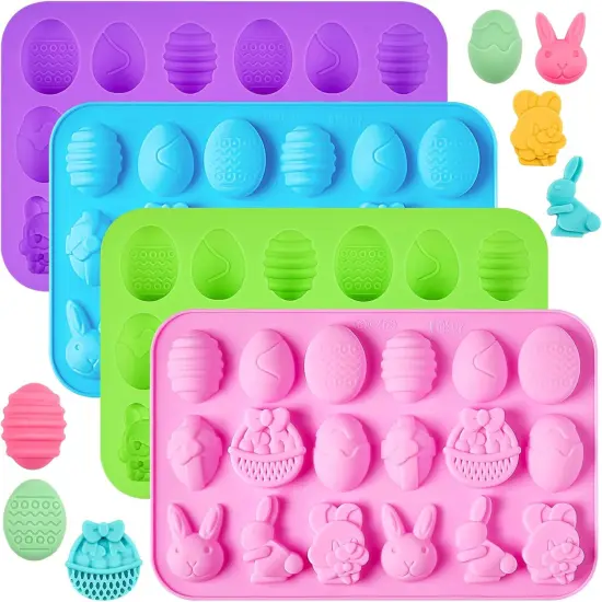 Easter Silicone Chocolate Molds, 4 Packs Egg Rabbit Bunny Shaped Candy Mold Non Stick Baking Pan for DIY Chocolate, Fondant, Gummy, Jelly, Hot Chocolate Bomb, Cake Topper {1}