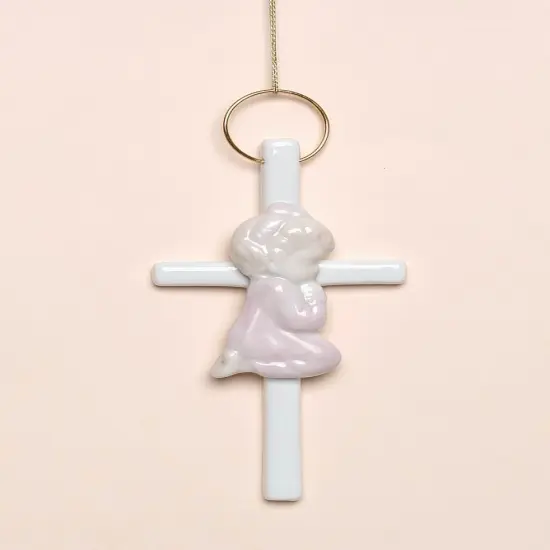 Ceramic Praying Girl On Small Cross Wall Decor, Religious Décor, Religious Gift, Church Décor, Baptism Gift {3}