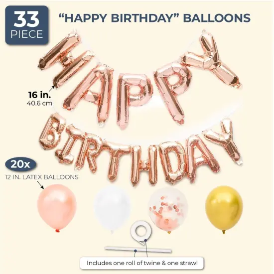 Rose Gold Balloon Garland for Birthday Party (Foil Letters, 33-Piece Set) Pink {2}