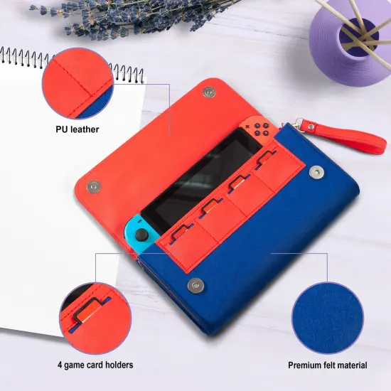 Insten Carrying Case Purse For Nintendo Switch and OLED Model, PU Leather Cover Travel Bag Sleeve Pouch, With Detachable Shoulder and Hand Strap For Girls Boys Women, Red/Blue {3}
