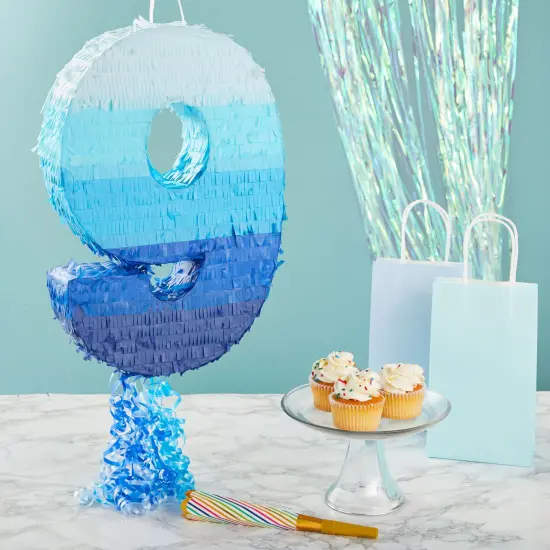 Number 9 Pull String Pinata for Boys 9th Birthday Party, Ombre Blue (16.5 x 11.35 x 3 in) {2}