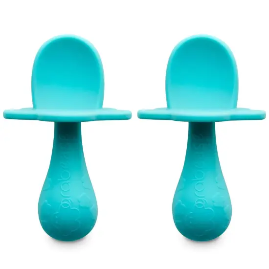 Grabease Baby Silicone Spoon Set for Baby-Led Weaning & First Stage Self-Feeding: Soft, Safe 100% Food-Grade Silicone; BPA-, PVC- Latex- & Phthalates-Free and Dishwasher Safe; Set of 2 Teal Spoons Grey {1}