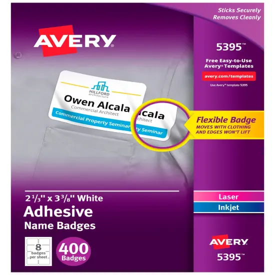 Avery Adhesive Name Badges, 2-1/3 x 3-3/8 Inches, White, Pack of 400 {1}