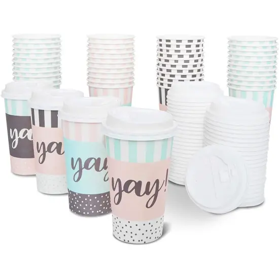 48 Pack Disposable 16oz Coffee Cups with Lids - YAY Party Supplies - Paper To Go Cup for Themed Birthday Party, Wedding, Baby Shower Multicolor {1}