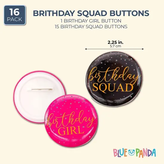 16 Pack Round Birthday Squad Buttons in 2 Designs, Black and Pink (2.3 Inch) Multicolor {2}