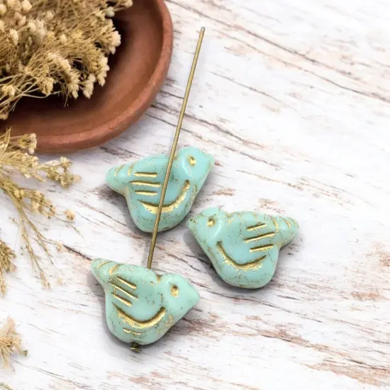 *2* 11x22mm Gold Washed Mint Green Bird Beads {2}