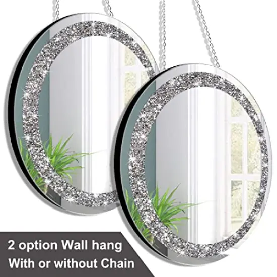 2 Pack Crystal Crush Diamond Silver Mirror Diameter 12 inch Round Shape with Iron Chain Real Glass Mirror for Wall Decor {1}