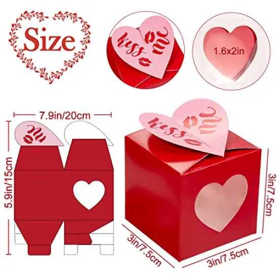 24 Pieces Valentine's Day Treat Boxes Red Rose Red Pink Heart Cardboard Box with Window 3 Inch Valentines Gift Container with Instruction for Goodie Cookie Candy Sweet Crafts Party Favor Supplies {6}