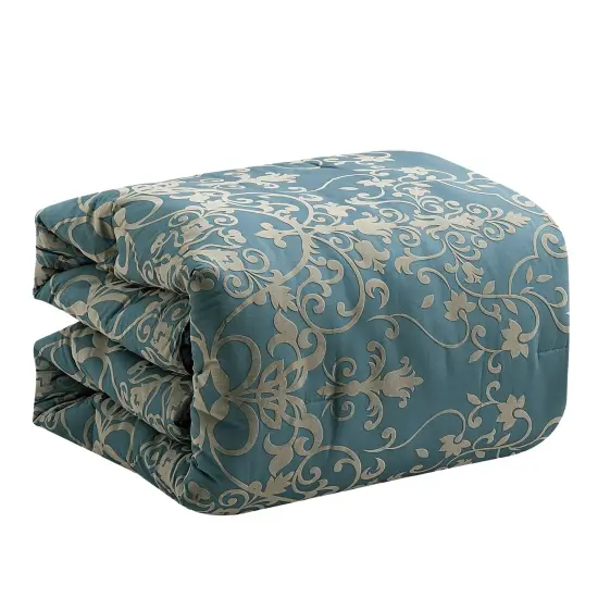 7 Piece Blue Queen Comforter Set with Damask Pattern {5}