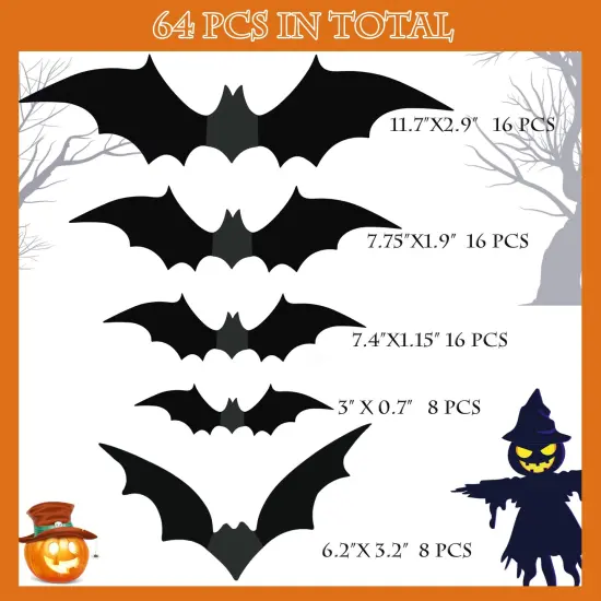 64 Pieces Halloween Decorations Bats Wall Decor Halloween Party Decorations Indoor Outdoor Halloween Decor Supplies,Reusable PVC 3D Black Bats Stickers for Creepy Home Bathroom Decor {3}