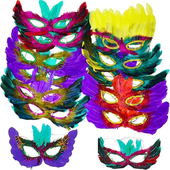 4E's Novelty 12 Pack Bulk Mardi Gras Masks With Feathers for Adult Men Women, Masquerade Party Masks for Mardi Gras Outfit Accessories {3}