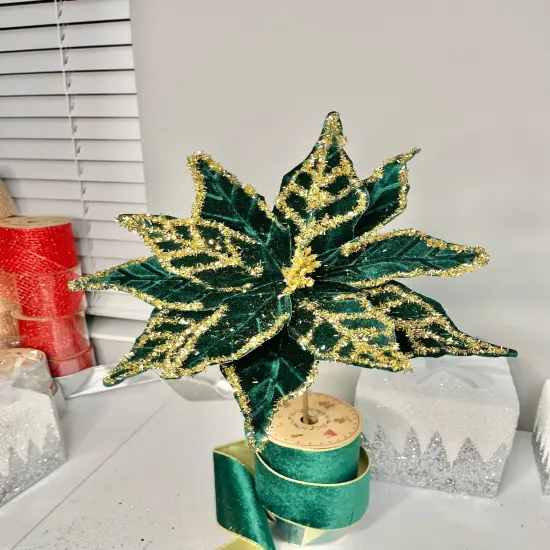 Green and Gold Glittered Poinsettia Christmas Flower Stem Spray 13'' Set of 3 {4}