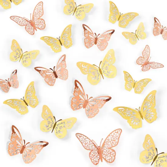 Crosize 48 Pcs Gold and Rose Gold Butterfly Decorations, 4 Styles 3 Sizes, Butterfly Wall Decor, 3D Butterfly Party Decorations, Butterflies for Crafts, Bouquet, Cake Decorating, Flower Arrangements {1}