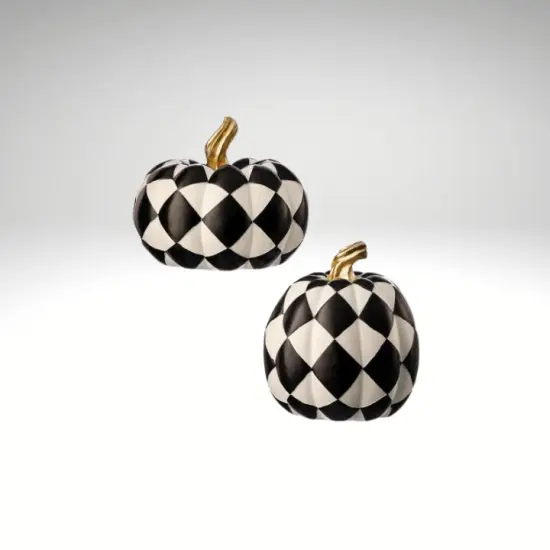 Set of 2 Regency Harlequin Resin Pumpkins &ndash; Black & White Checkered Fall Decor, 6&ndash;6.5 Inch {2}
