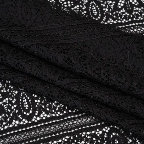 1 Yard Black Re-Embroidered Lace Fabric Floral Medallion Stripes Finished Edge Sheer 50 Inch Width {4}