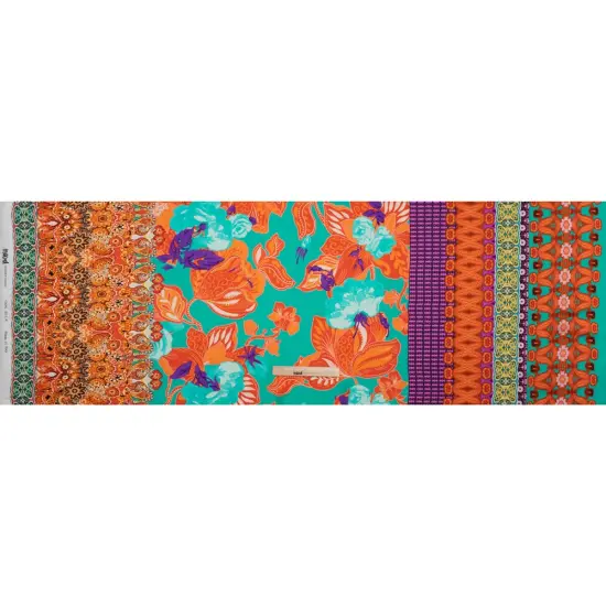 1 Yard Orange Dark Mint Purple Silk Charmeuse Print Floral Abstract Stripes Made in Italy Width 53" {3}