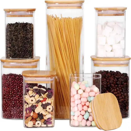 Glass Storage Canister with Wooden Lid, Set of 7 Square Glass Jars with Bamboo Lids, Glass Food Storage Containers for Pasta, Cereal, Flour, Sugar, Best for Kitchen & Pantry {1}