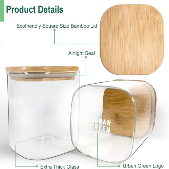 Glass Jars with Bamboo Lids, Square Glass Jar with airtight lids, 6 pack of 28oz, Food Storage Containers with bamboo lids, Panty Jars {2}