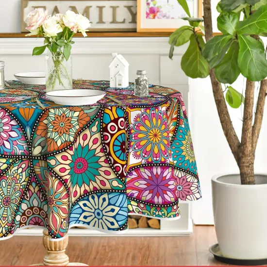 Boho Bohemia Style Round Tablecloth 60x60 Inch Round, Vintage Washable Seasonal Table Cover for Party Picnic Dinner Decor {3}