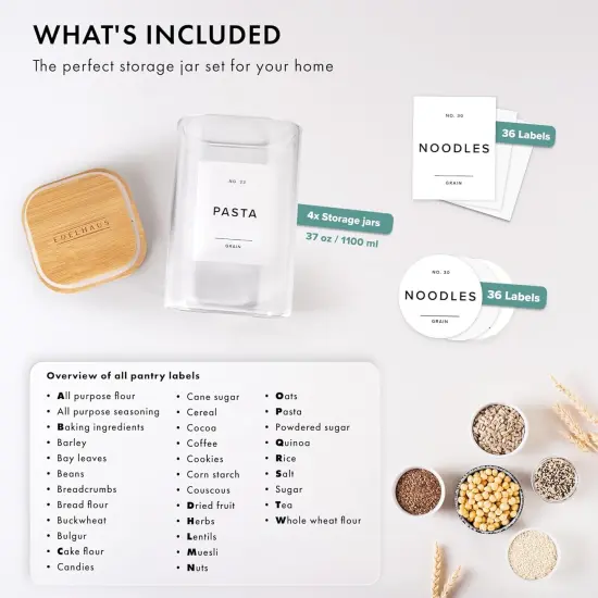 Glass Storage Containers with Bamboo Lids 37fl.oz [Extra Thick Glas] with 72 Pantry Labels - Canister For Pantry Noodles Flour Cereal Rice Sugar Tea Coffee Beans - Square Set of 4x {2}