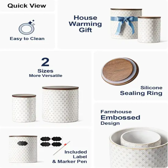 Food Storage Containers with Airtight Lids, 78/25 oz Ceramic Flour and Sugar Canisters Sets, Embossed Large Jars for Pasta, Oats, Coffee Bean, Cookies, Rice, Grains, Tea - Set of 2, Clover {2}